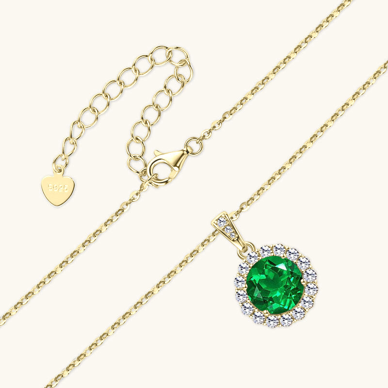 Round Emerald Diamond Halo Necklace - Gold