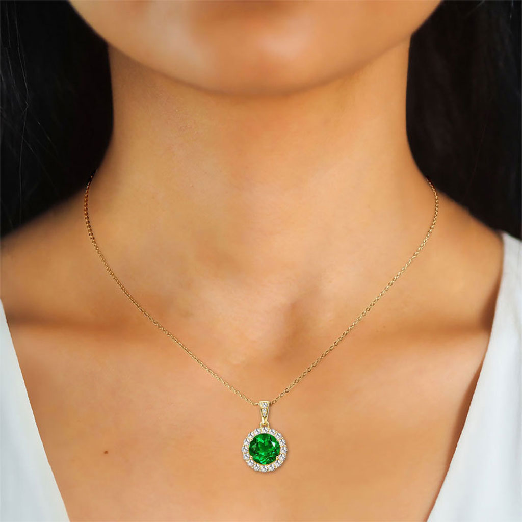 Round Emerald Simulated Diamond Halo Necklace - Gold
