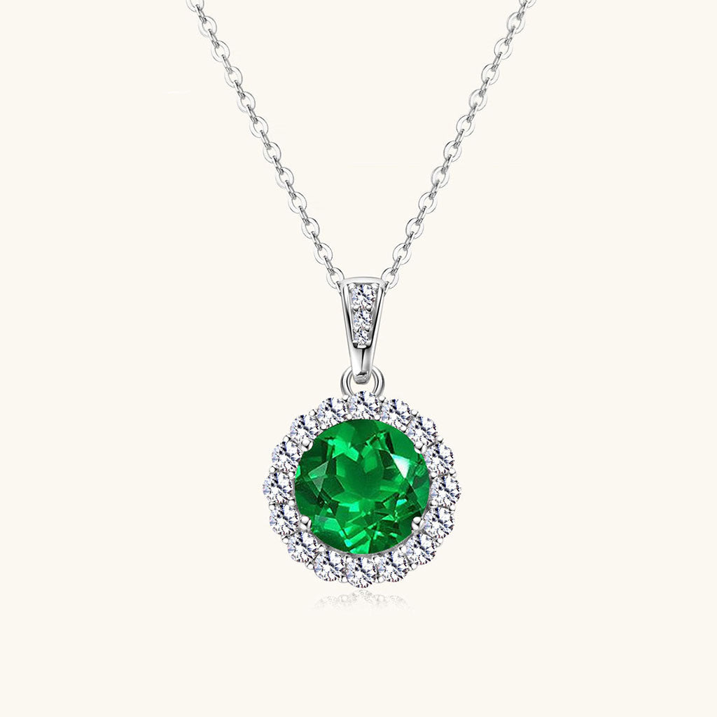 Round Emerald Diamond Halo Necklace - Silver