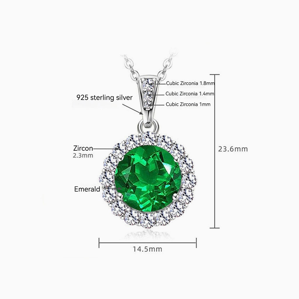 Round Emerald Diamond Halo Necklace - Silver