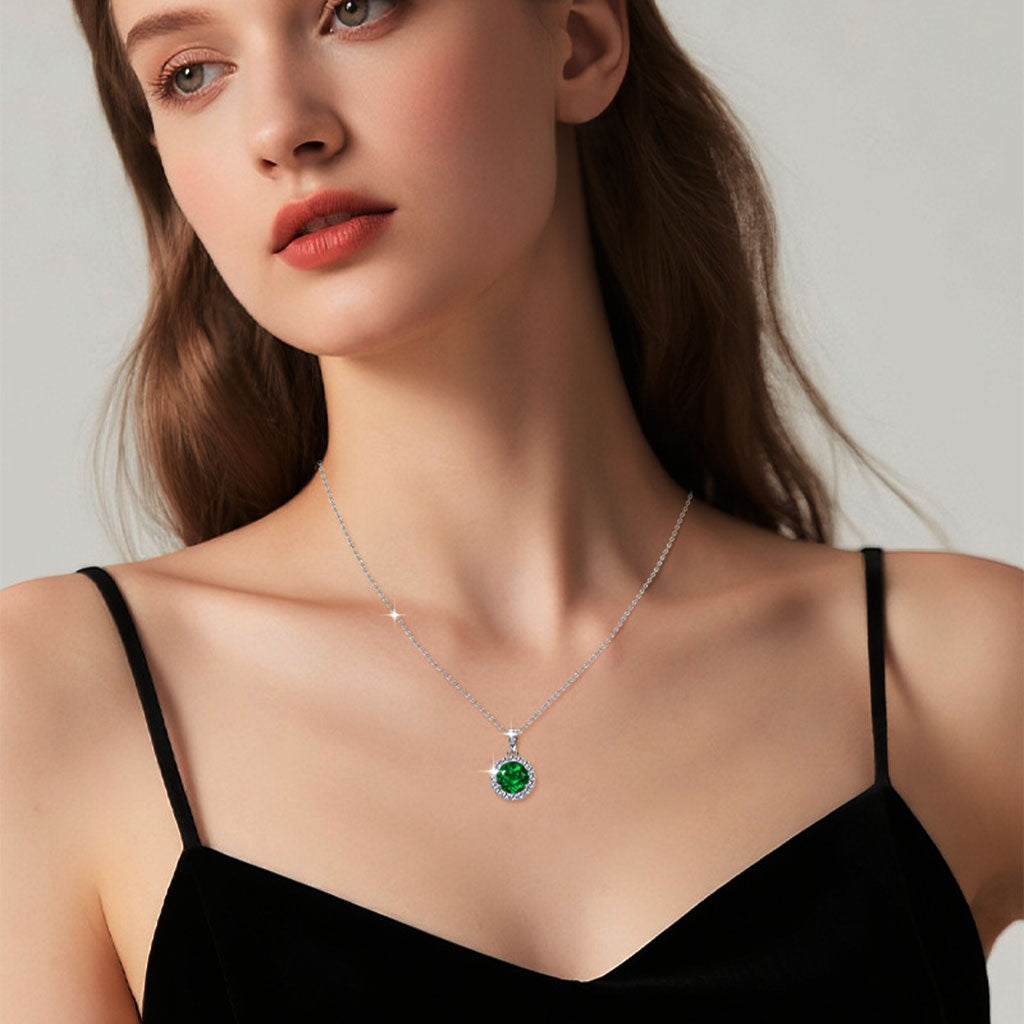 Round Emerald Simulated Diamond Halo Necklace - Silver