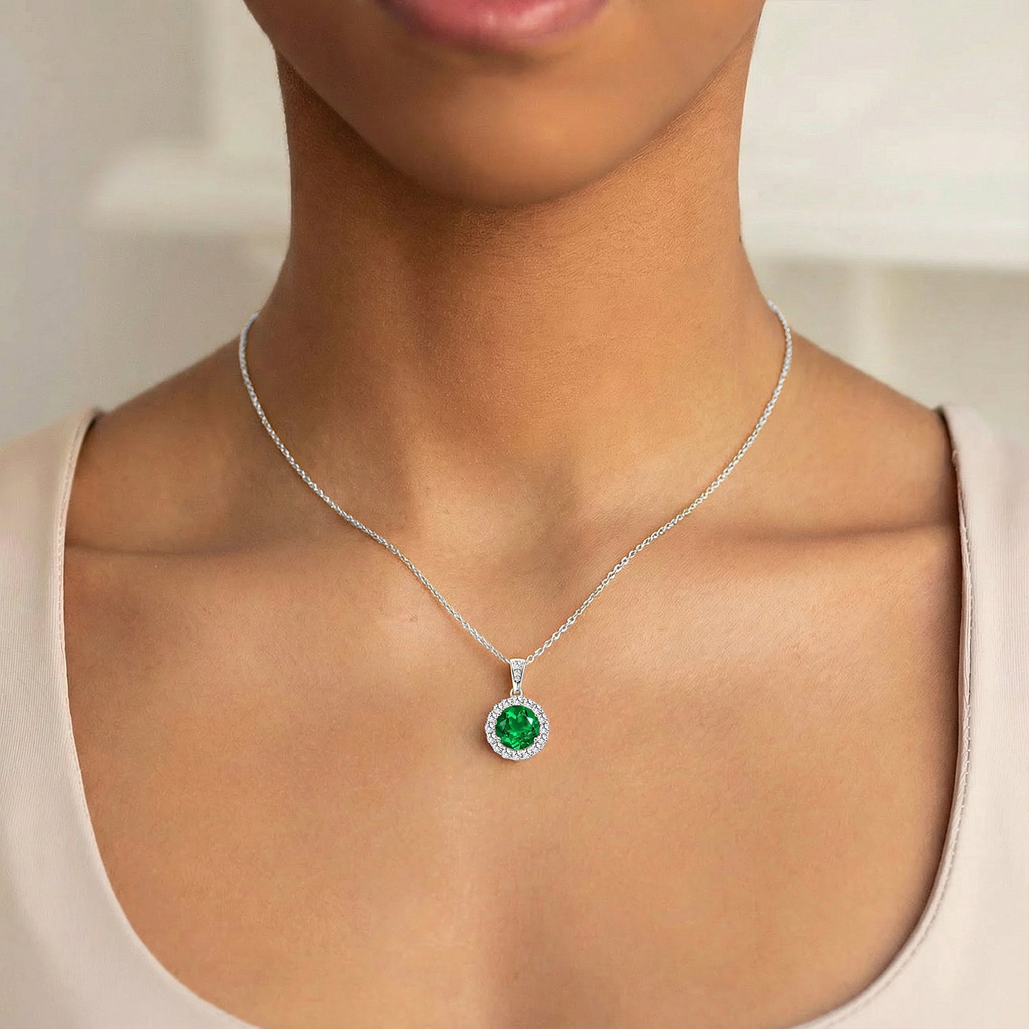 Round Emerald Diamond Halo Necklace - Silver