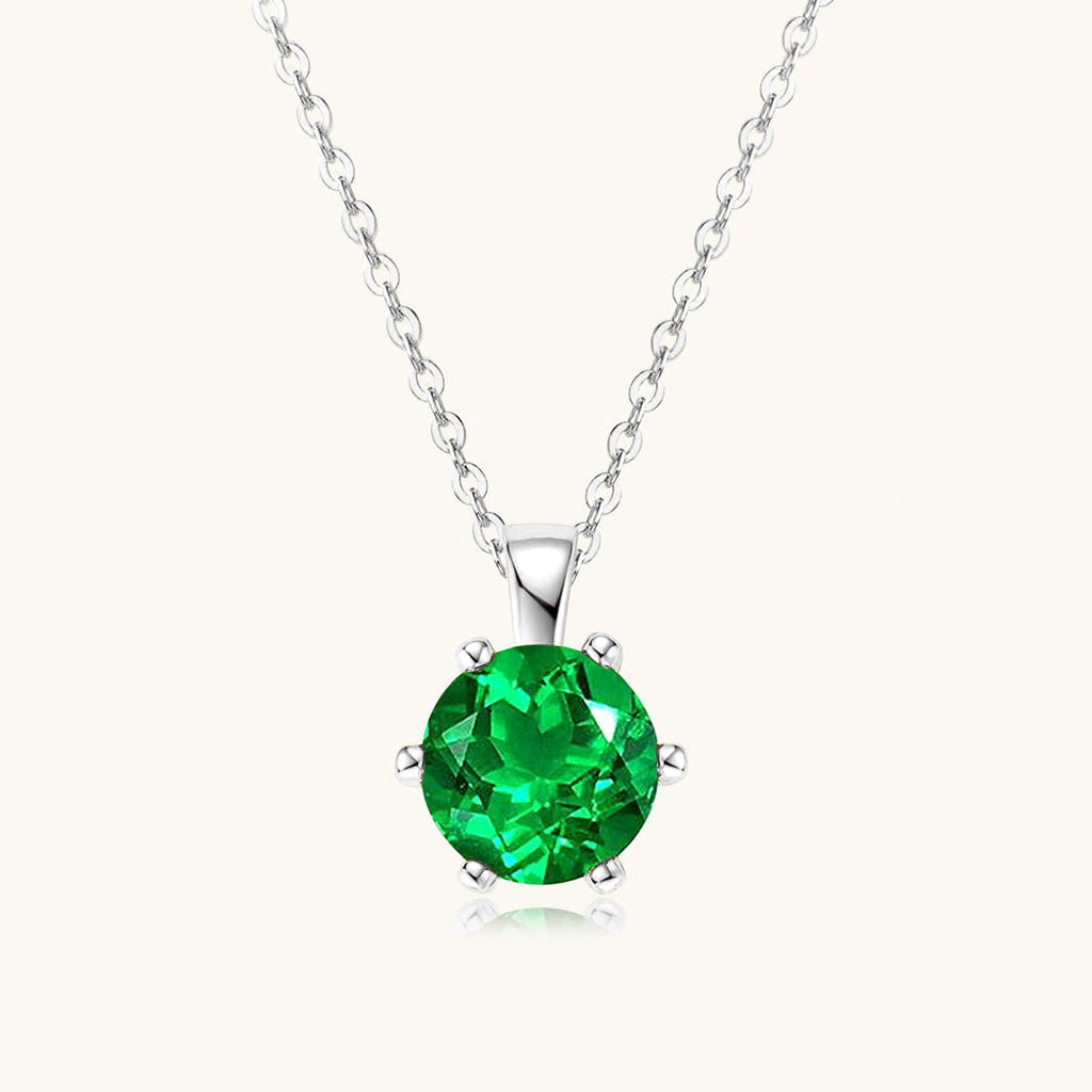 Round Emerald Solitaire Necklace - Silver