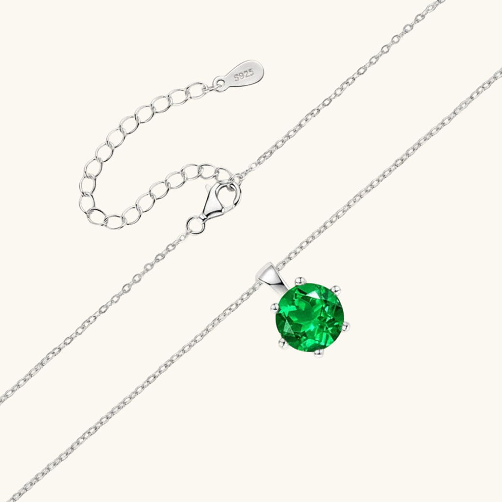 Round Emerald Solitaire Necklace - Silver