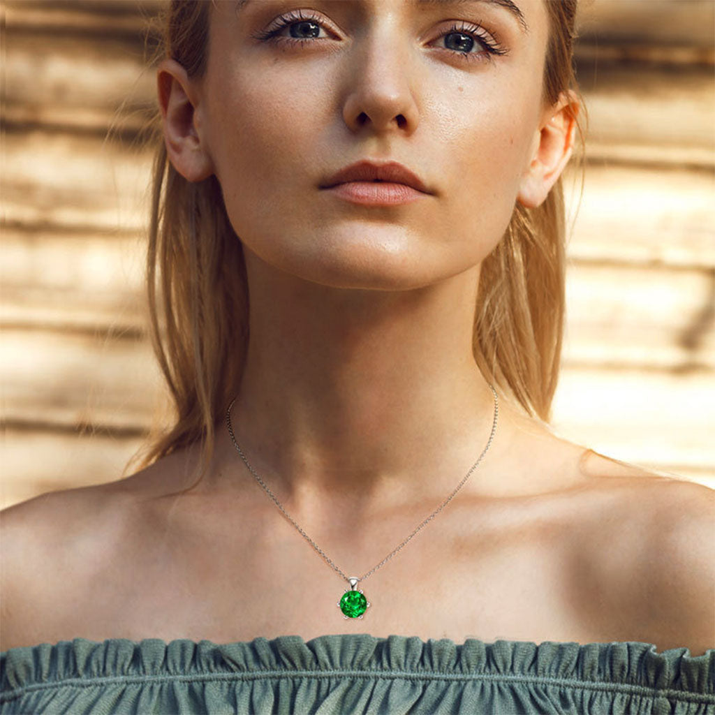 Round Emerald Solitaire Necklace - Silver