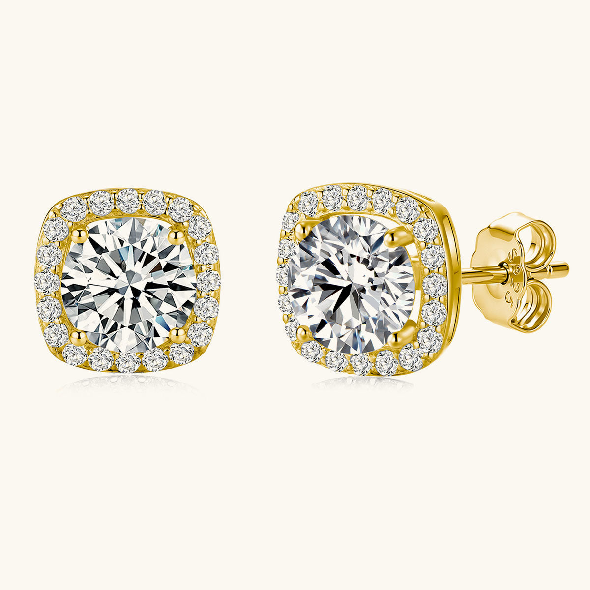 Round Moissanite Cushion Halo Stud Earrings - Gold