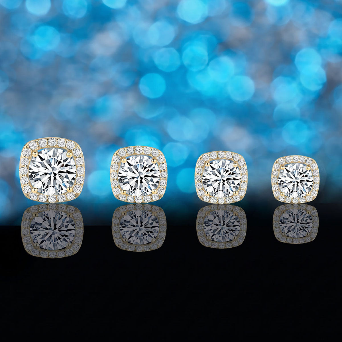 Round Moissanite Cushion Halo Stud Earrings - Gold