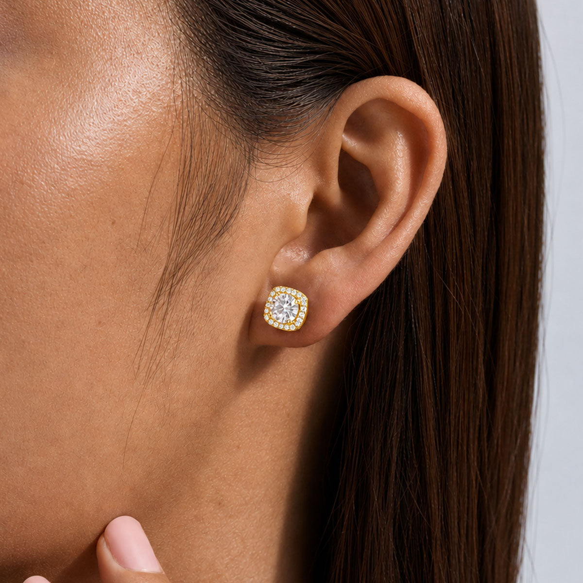 Round Moissanite Cushion Halo Stud Earrings - Gold