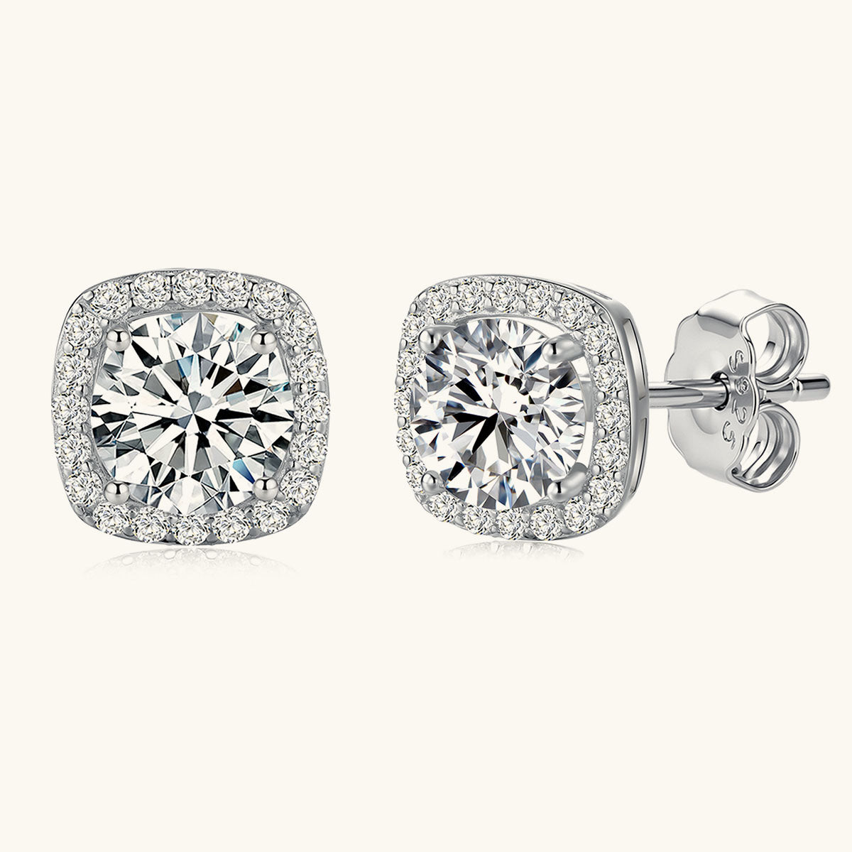 Round Moissanite Cushion Halo Stud Earrings - Silver