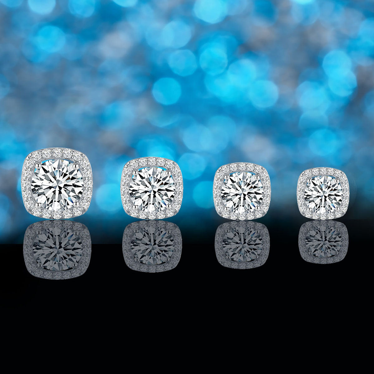 Round Moissanite Cushion Halo Stud Earrings - Silver