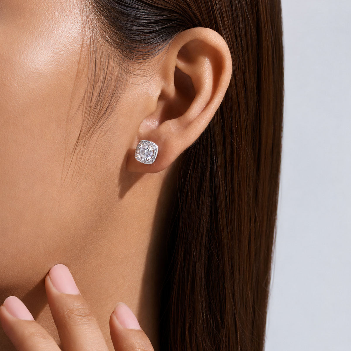 Round Moissanite Cushion Halo Stud Earrings - Silver