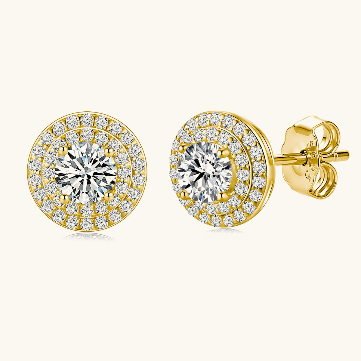Round Moissanite Double Halo Stud Earrings - Gold