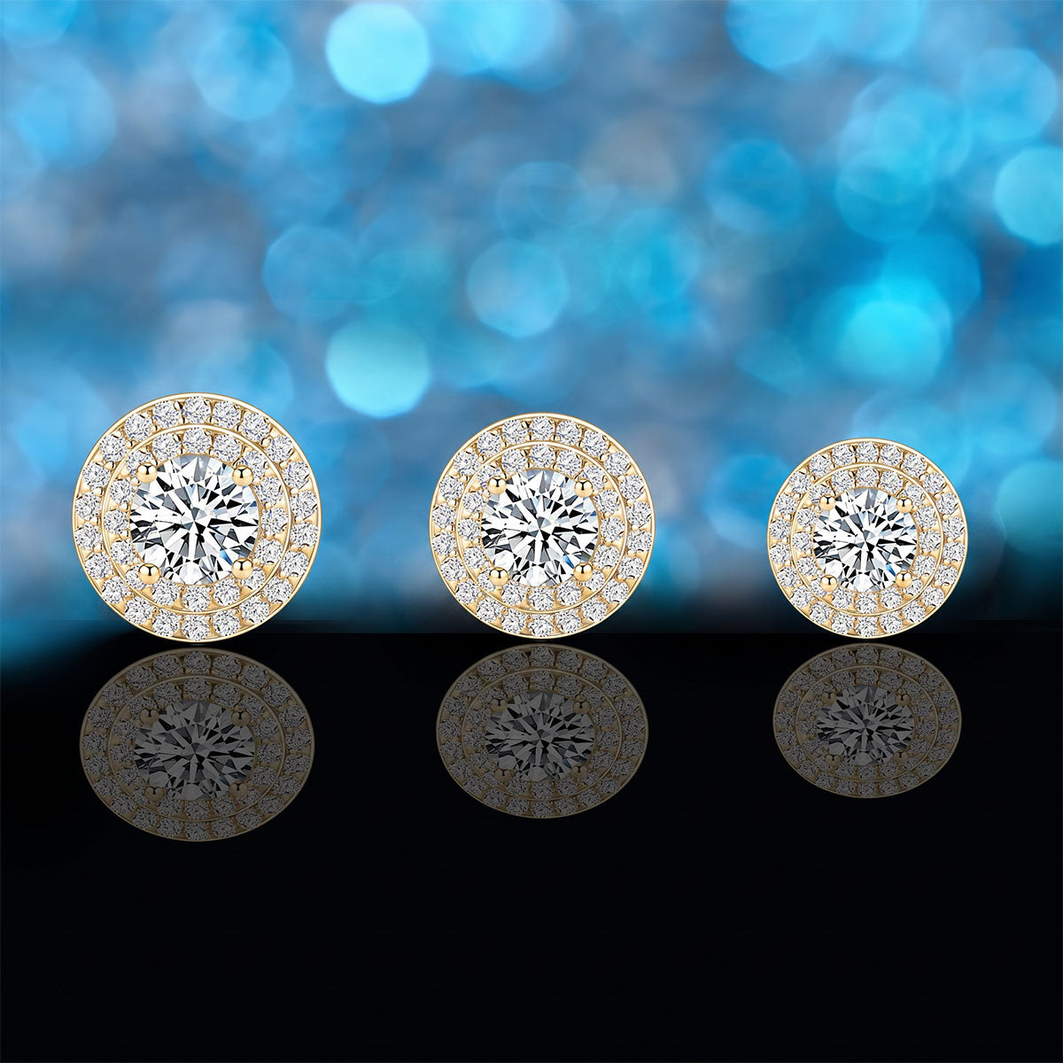 Round Moissanite Double Halo Stud Earrings - Gold