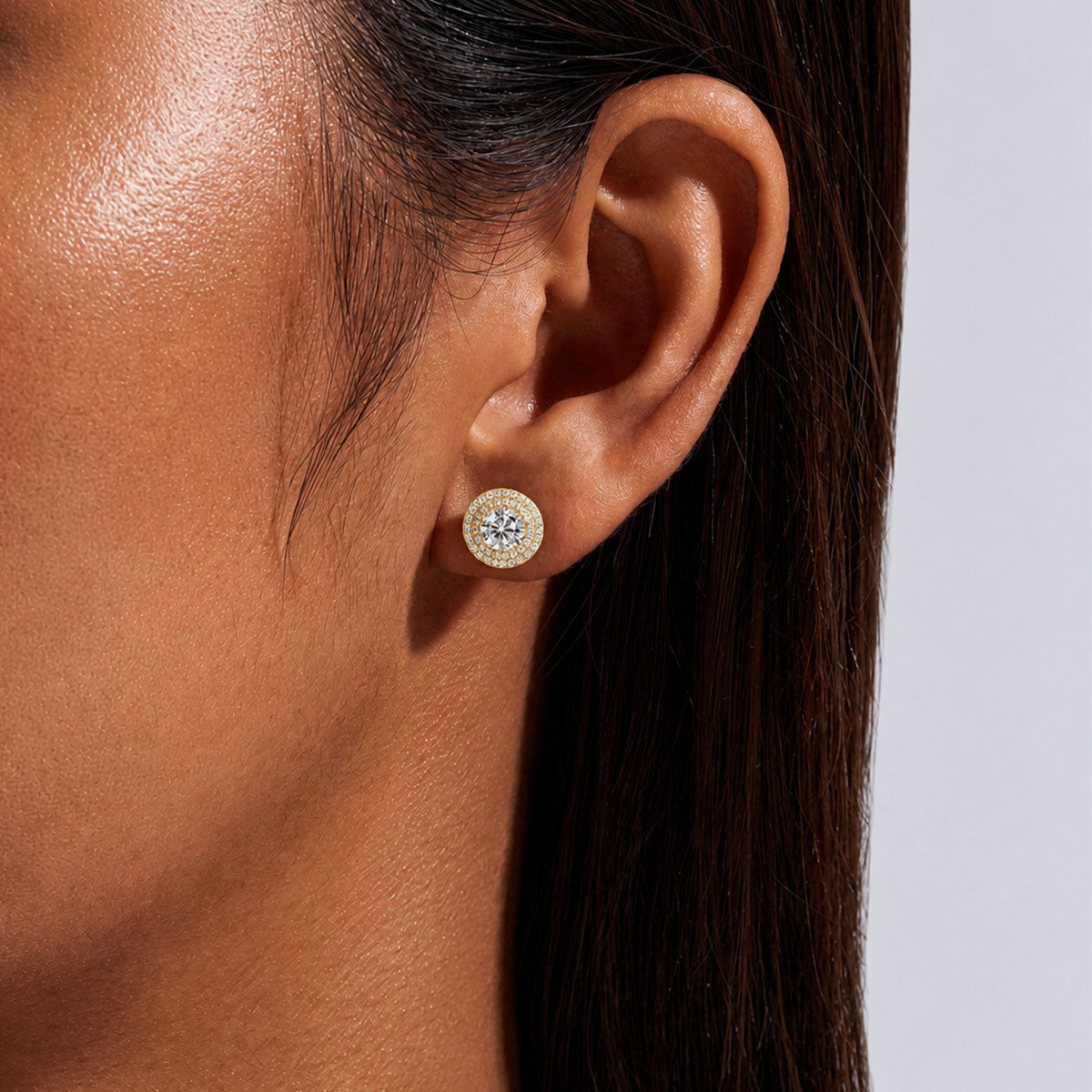 Round Moissanite Double Halo Stud Earrings - Gold