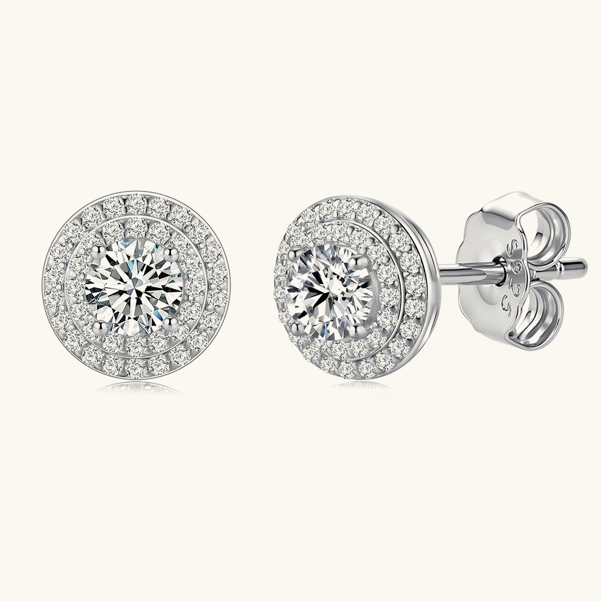 Round Moissanite Double Halo Stud Earrings - Silver
