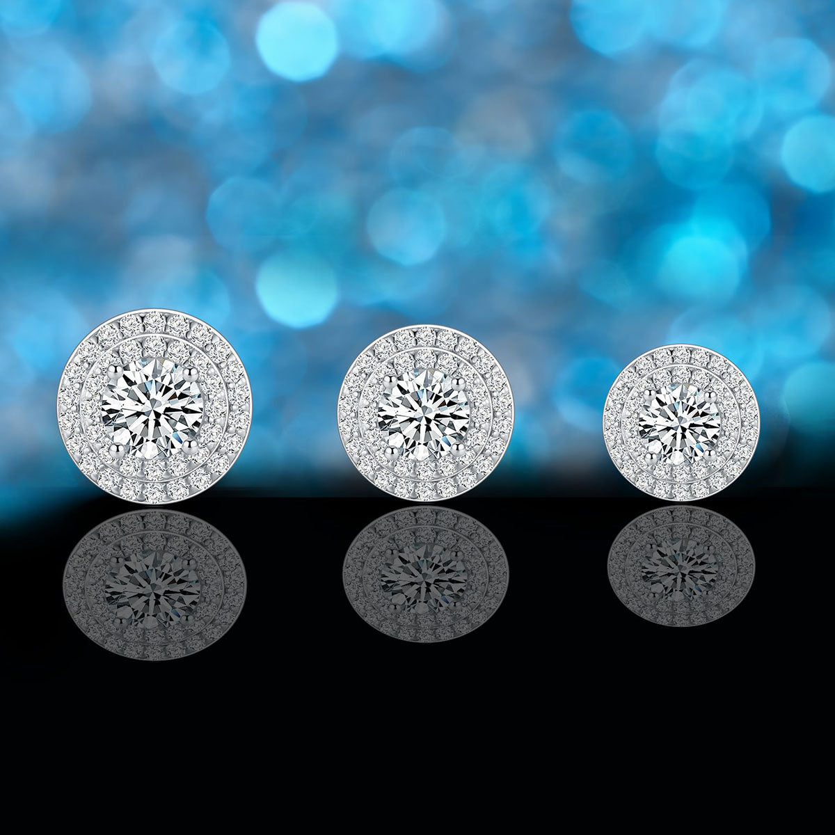 Round Moissanite Double Halo Stud Earrings - Silver