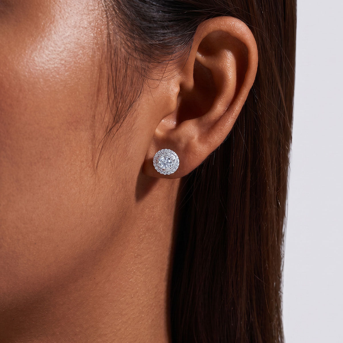 Round Moissanite Double Halo Stud Earrings - Silver