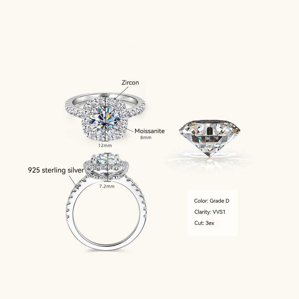 Round Moissanite Halo Ring - Silver