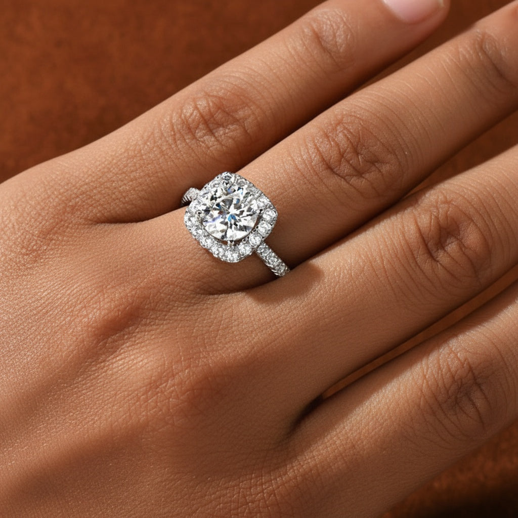 Round Moissanite Halo Ring - Silver