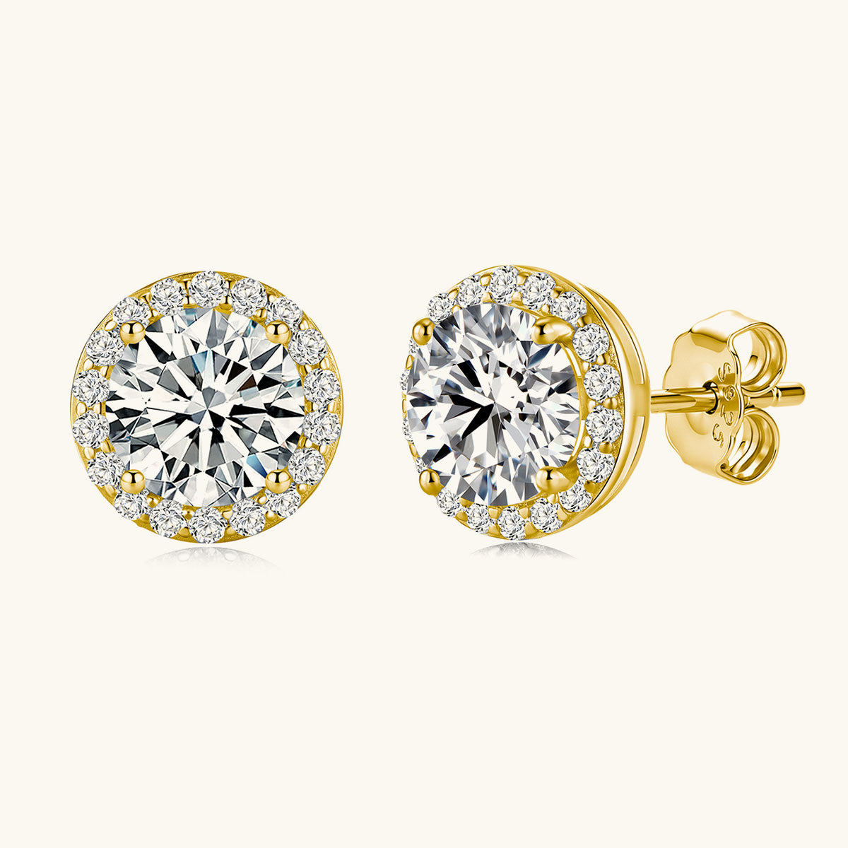 Round Moissanite Pavé Halo Stud Earrings - Gold