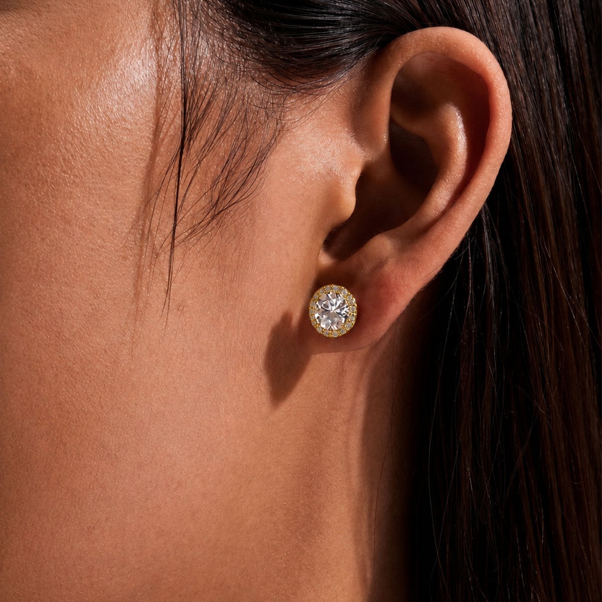 Round Moissanite Pavé Halo Stud Earrings - Gold