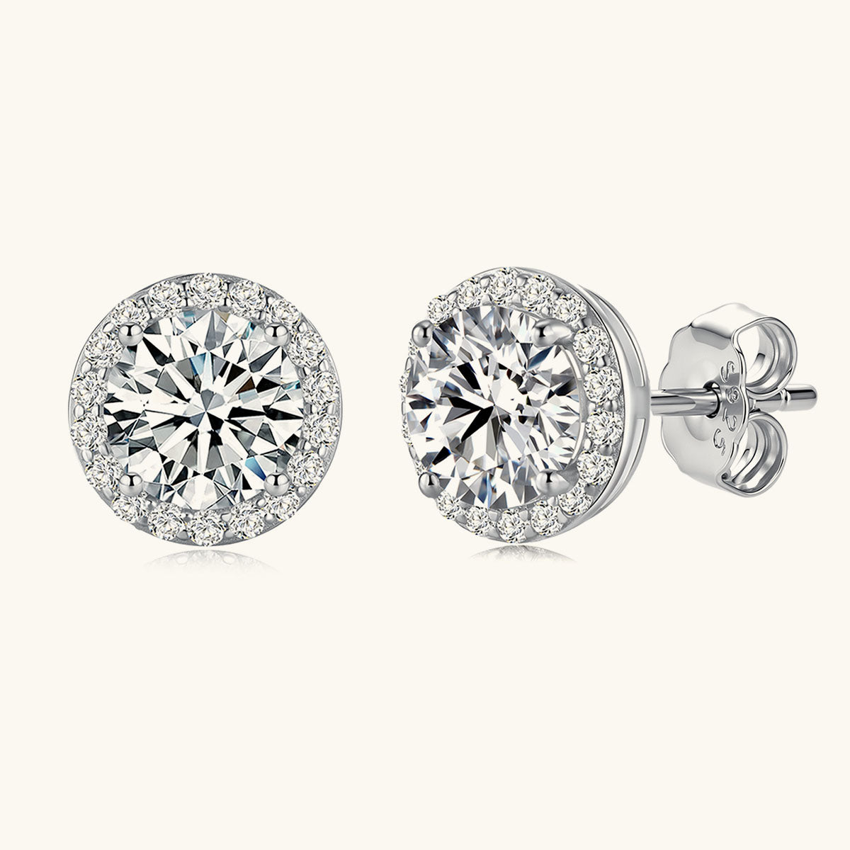 Round Moissanite Pavé Halo Stud Earrings - Silver