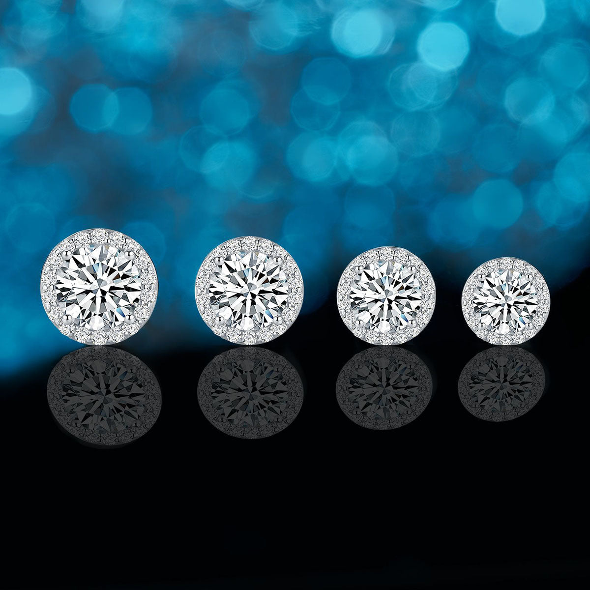 Round Moissanite Pavé Halo Stud Earrings - Silver
