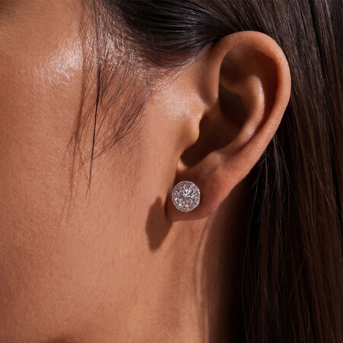 Round Moissanite Pavé Halo Stud Earrings - Silver