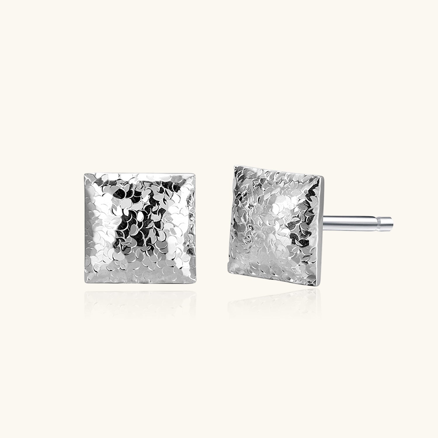 Scaled Hammered Square Bar Stud Earrings - Silver