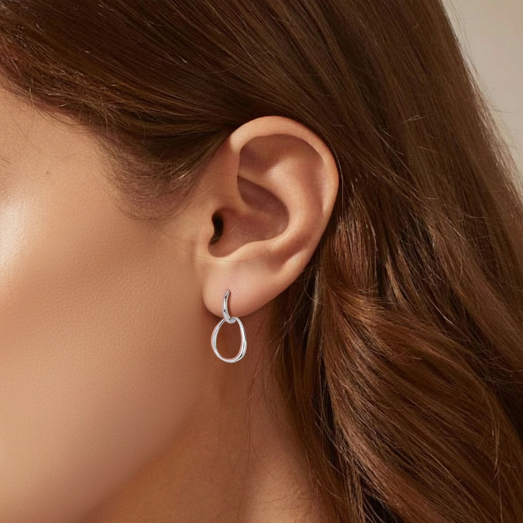 Sculptural Double Hoop Drop Earrings - Silver