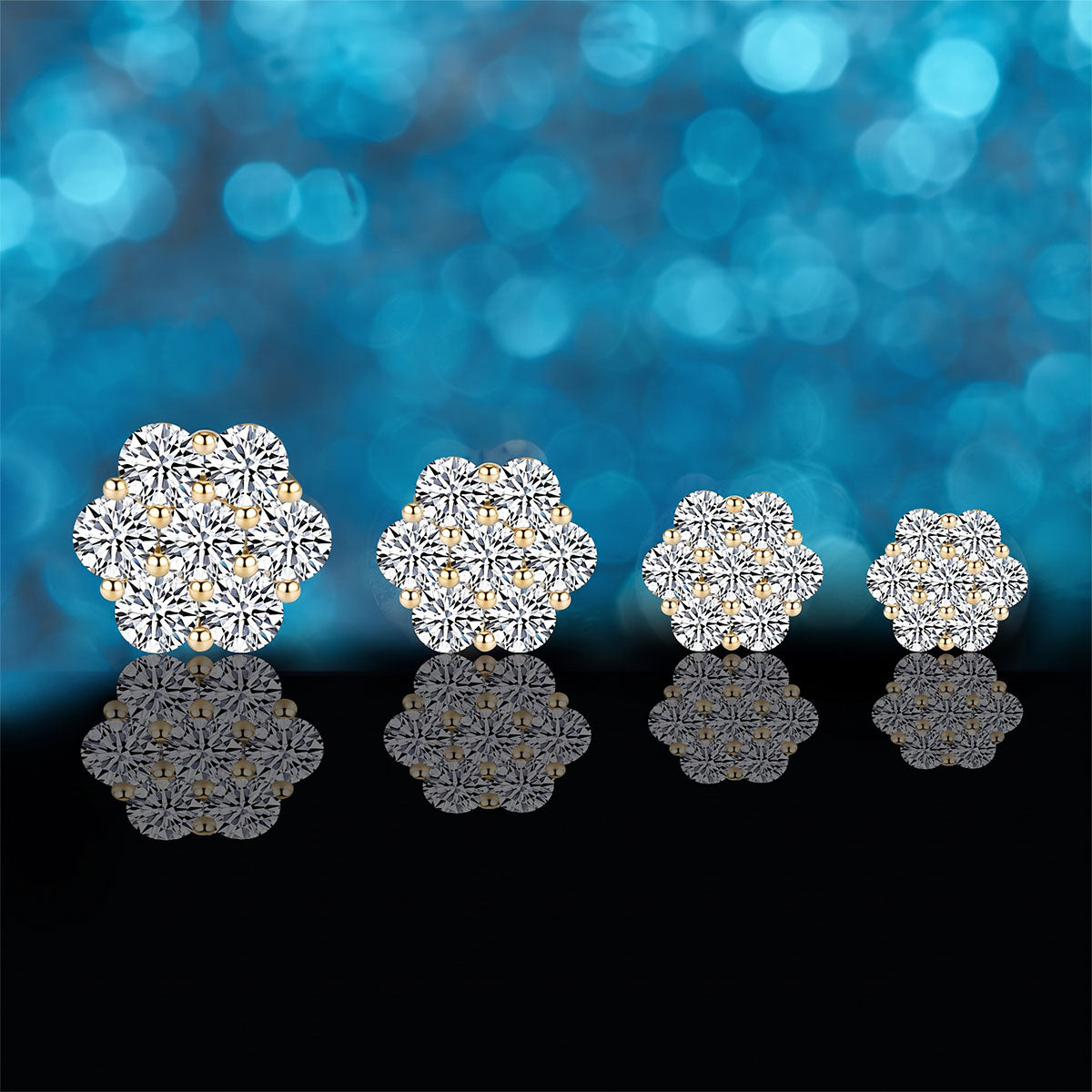 Seven Stone Floral Cluster Moissanite Stud Earrings - Gold