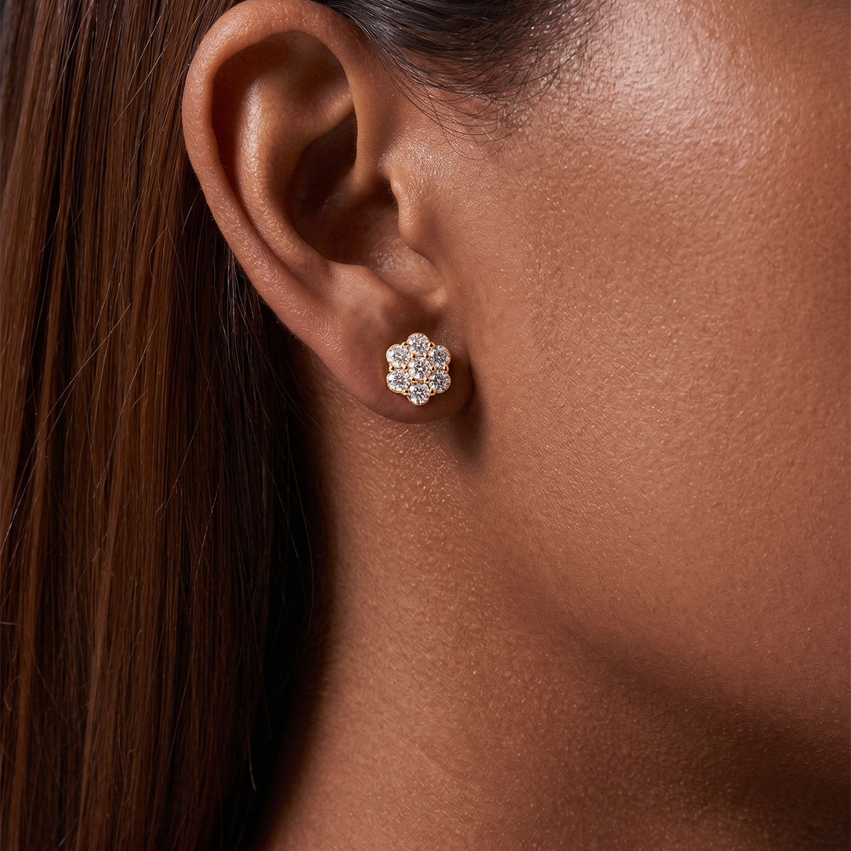 Seven Stone Floral Cluster Moissanite Stud Earrings - Gold