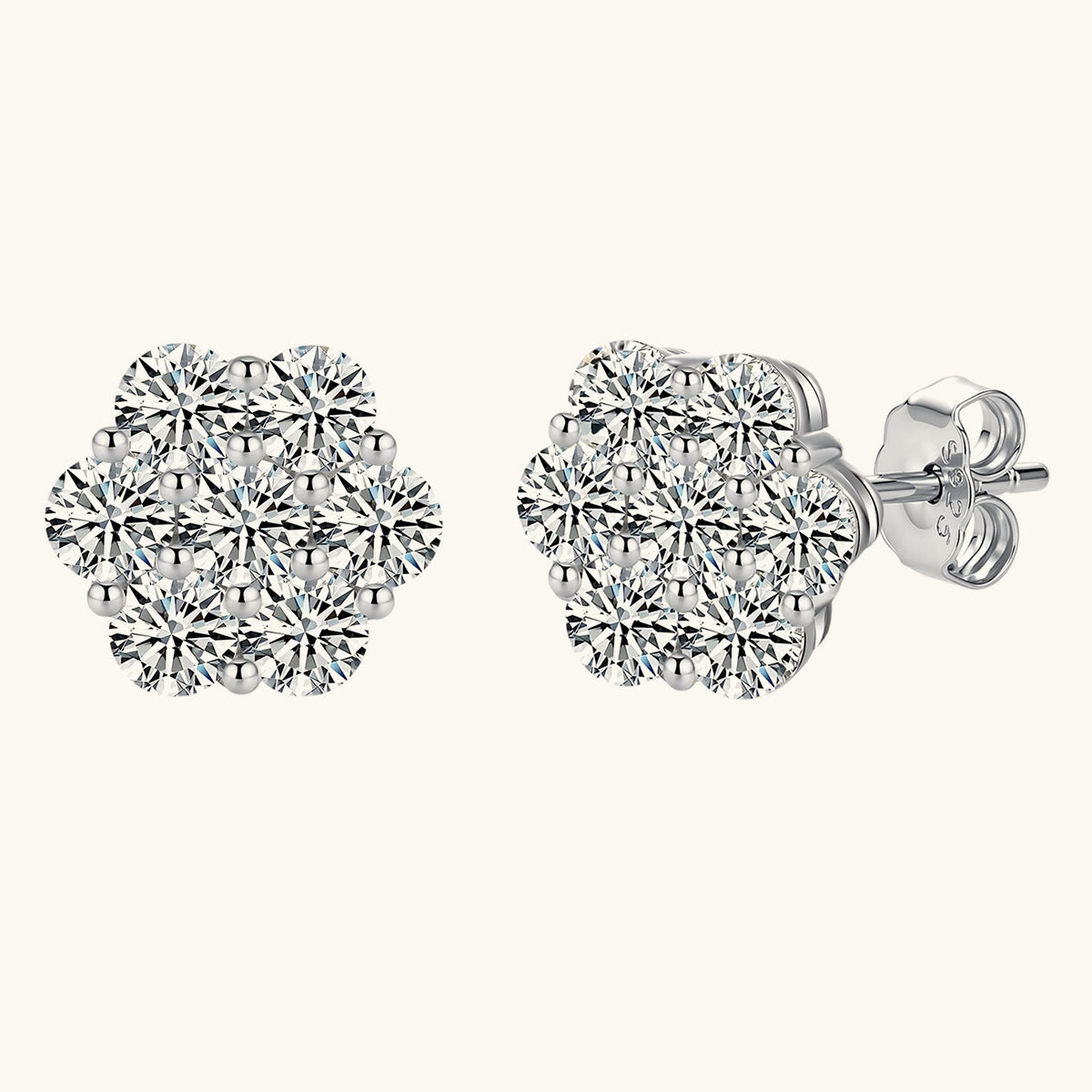 Seven Stone Floral Cluster Moissanite Stud Earrings - Silver