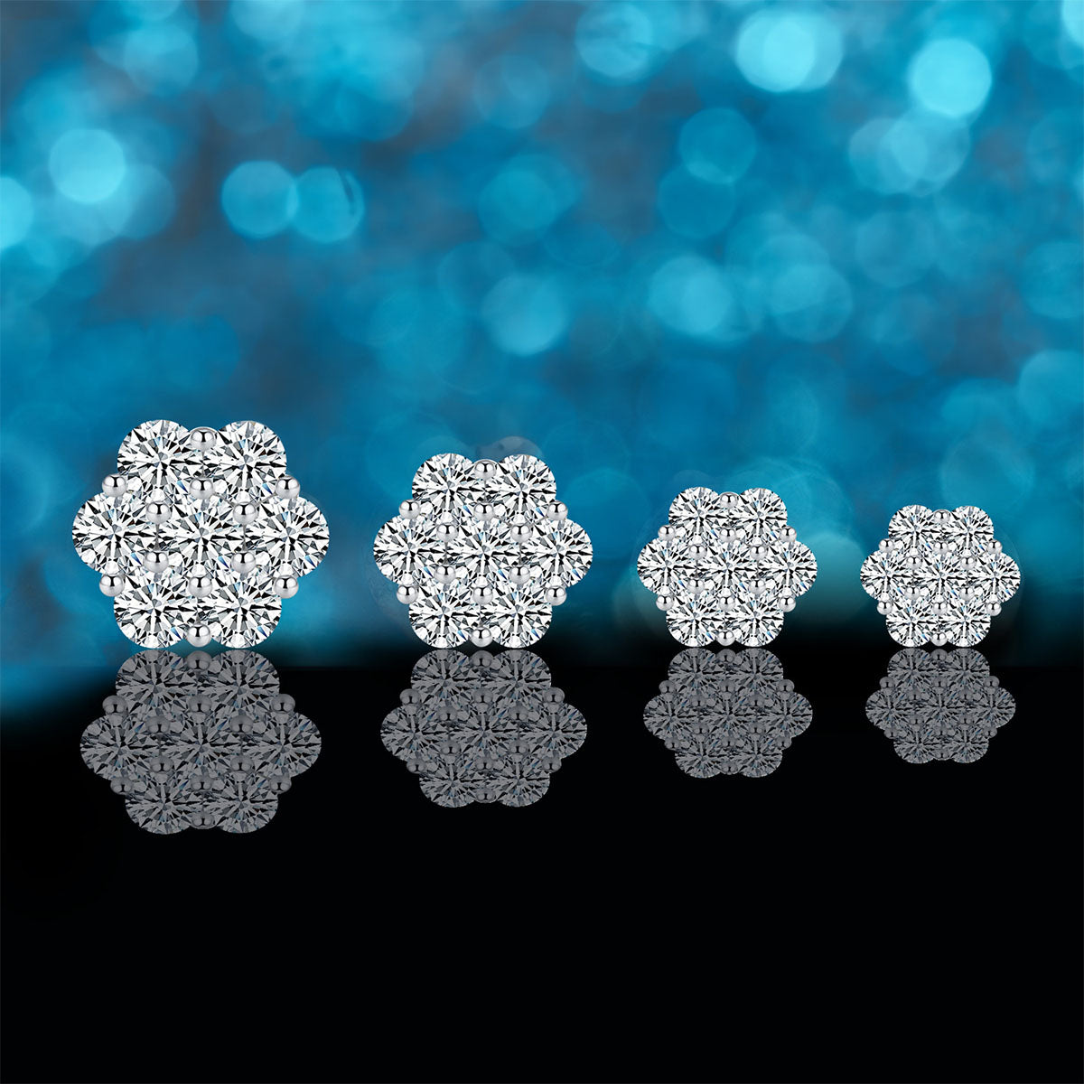 Seven Stone Floral Cluster Moissanite Stud Earrings - Silver