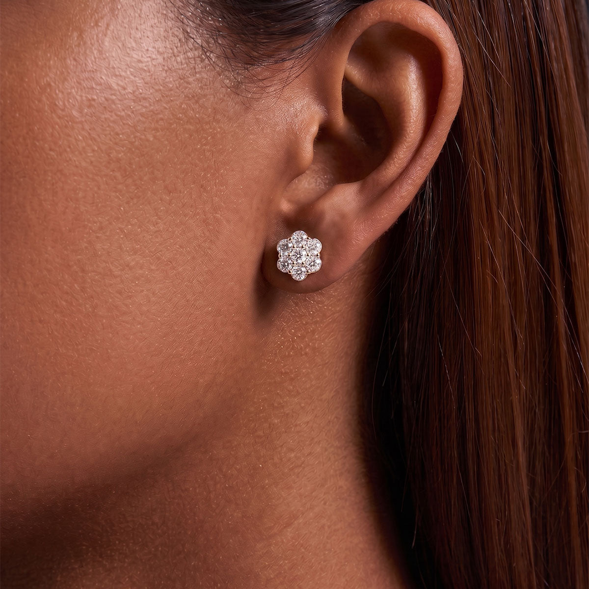 Seven Stone Floral Cluster Moissanite Stud Earrings - Silver