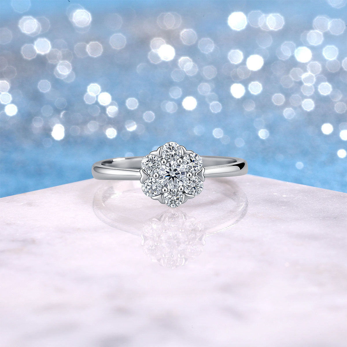 Seven Stone Moissanite Floral Cluster Ring - Silver