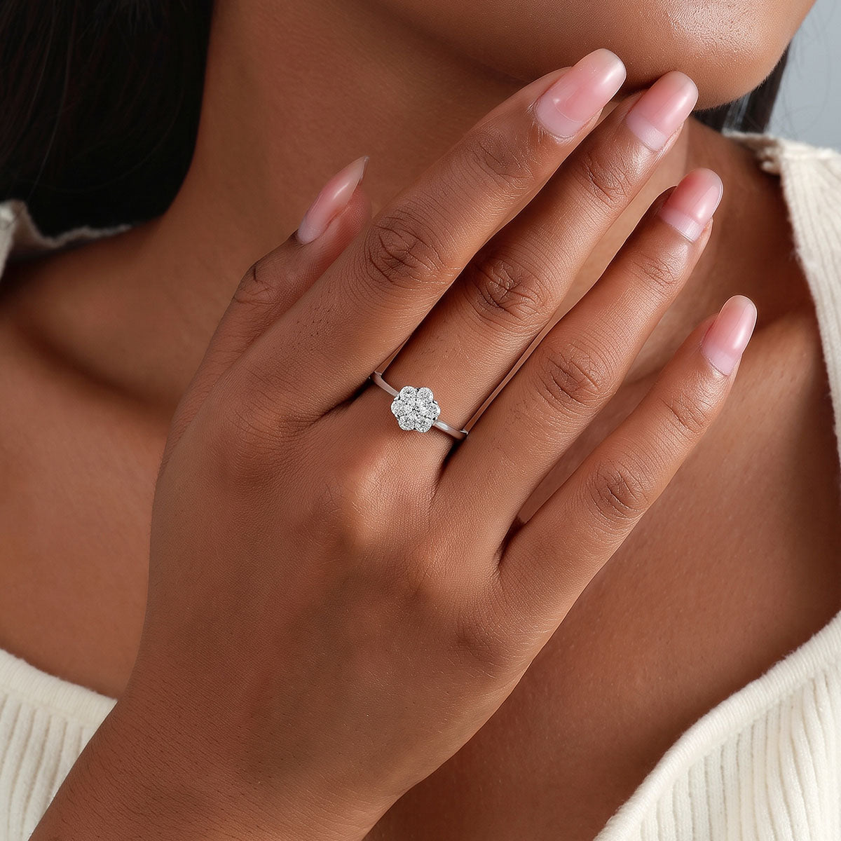Seven Stone Moissanite Floral Cluster Ring - Silver