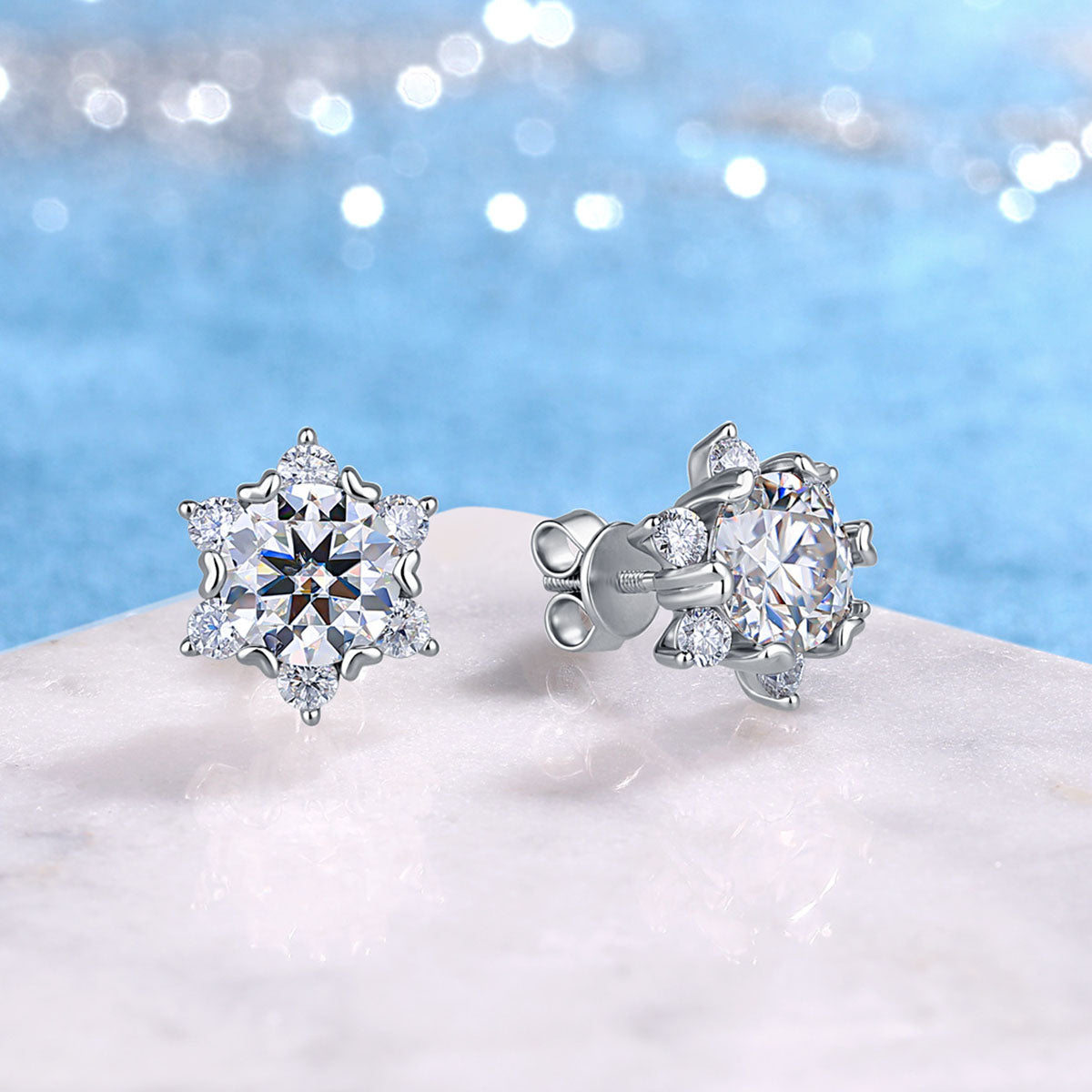 Seven Stone Moissanite Floral Stud Earrings - Silver
