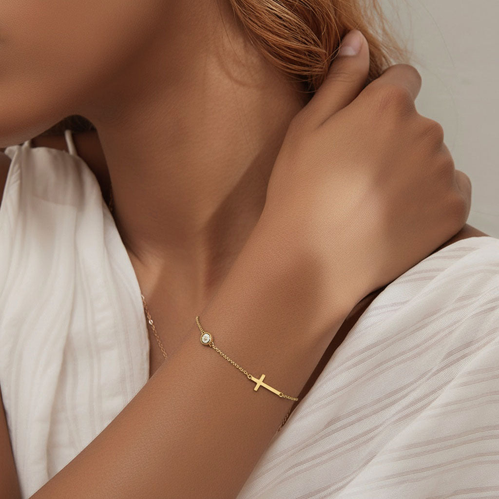 Sideways Cross Moissanite Bracelet - Gold