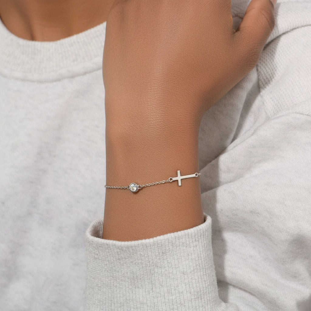 Sideways Cross Moissanite Bracelet - Silver
