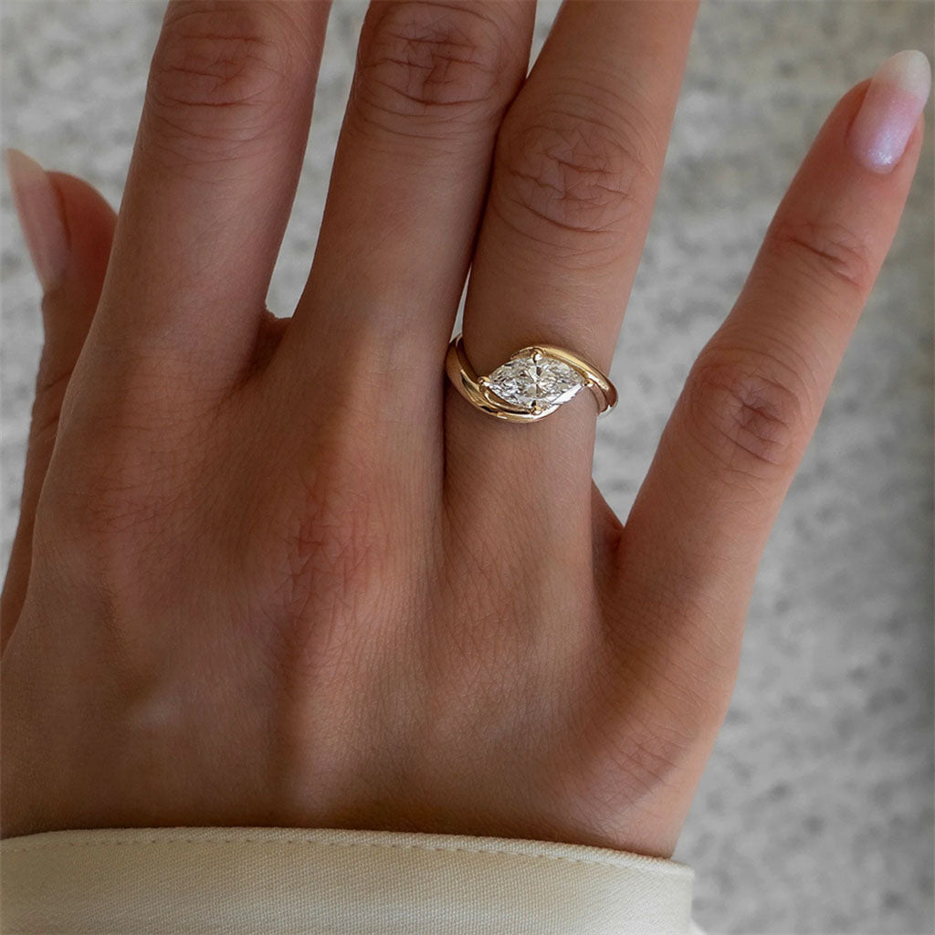 Sideways Marquise Diamond Solitaire Ring - Gold