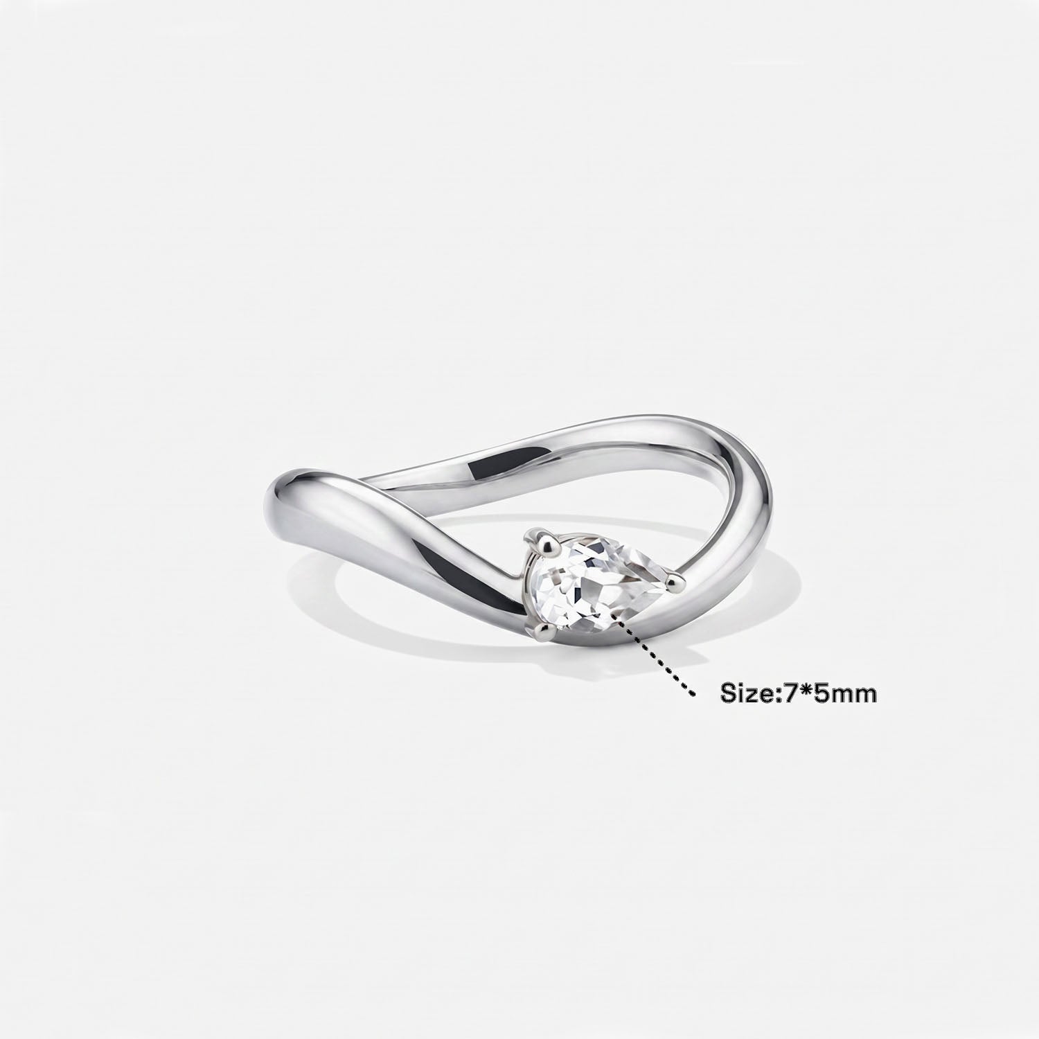 Sideways Pear Wave Diamond Solitaire Ring - Silver