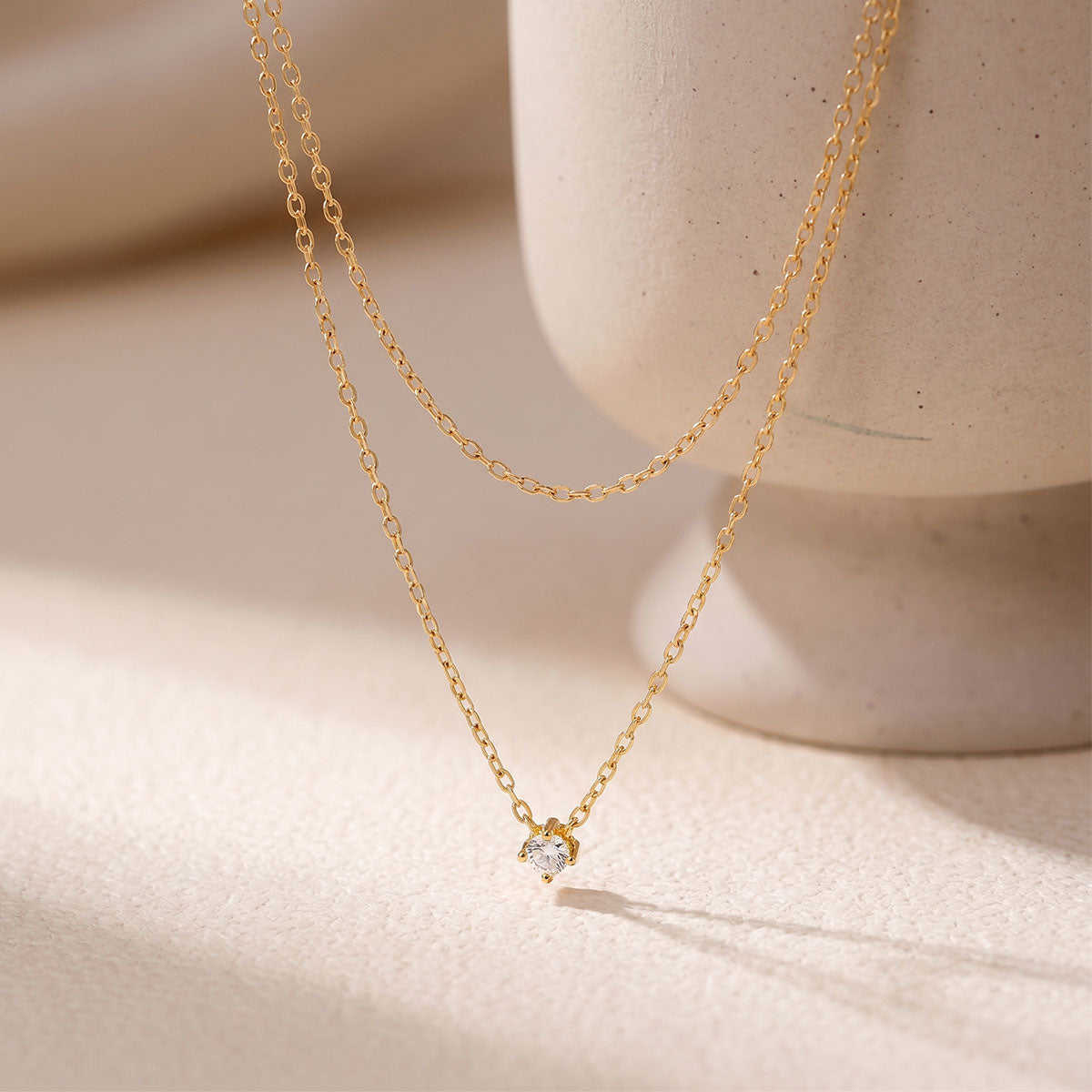 Simulated Diamond Solitaire Layered Necklace - Gold