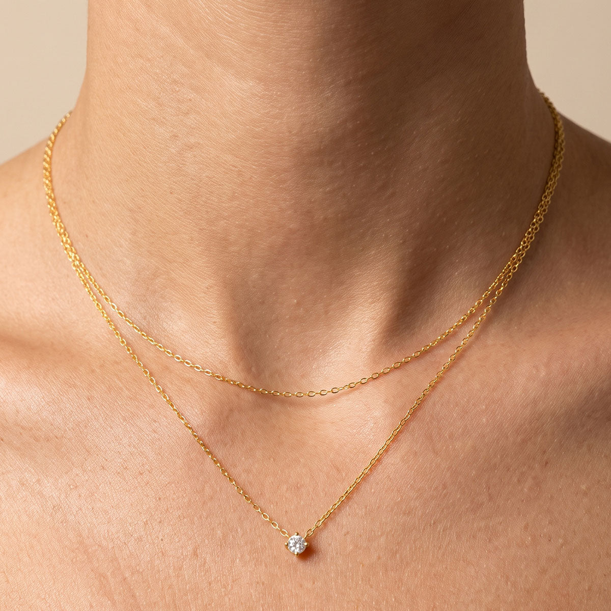 Simulated Diamond Solitaire Layered Necklace - Gold