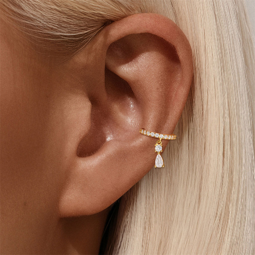 Single Diamond Drop Ear Cuff Earring - Gold