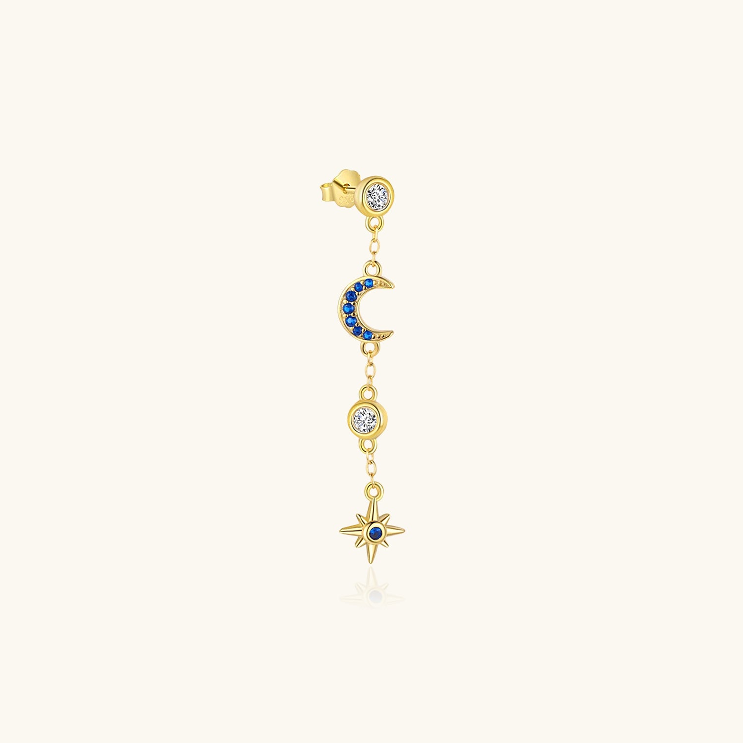 Single Diamond Moon and Star Linear Drop Earrings - Gold