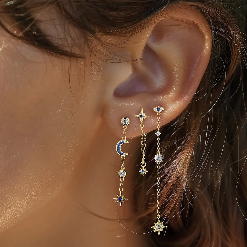Single Diamond Moon and Star Linear Drop Earrings - Gold