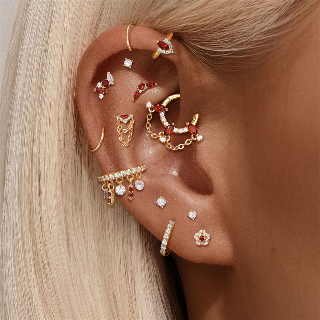 Single Garnet Diamond Piercing Chain Drop Earring