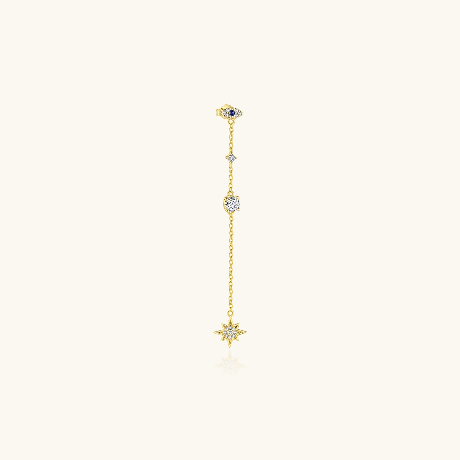 Single Pave Evil Eye and Star Linear Drop Earring - Gold