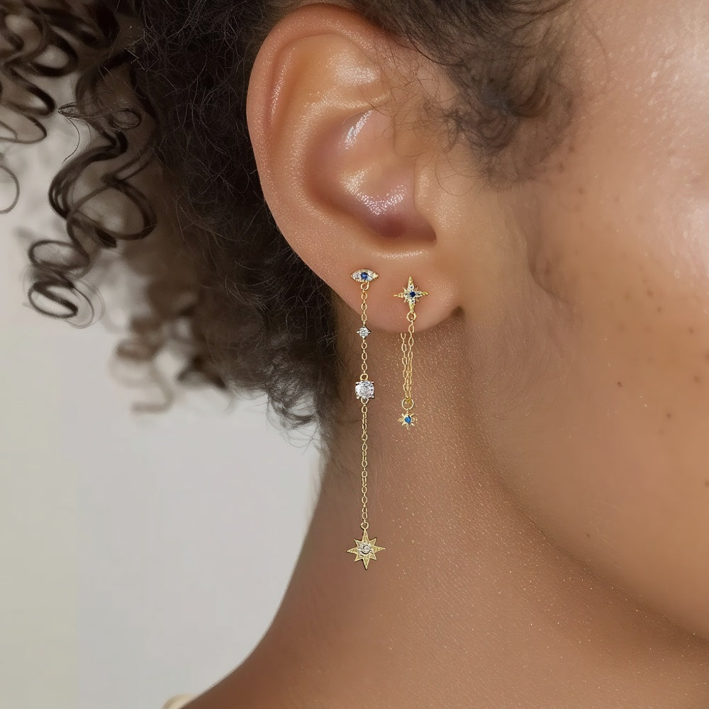 Single Pave Evil Eye and Star Linear Drop Earring - Gold